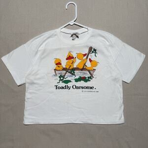 Vintage Toadly Oarsome Cropped T-Shirt White Single Stitch 1986 Size M Ducks